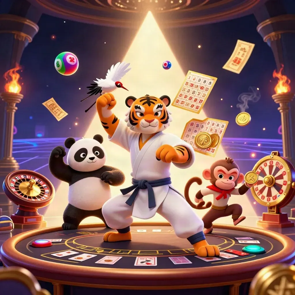 Kung-fu tiger, panda, and monkey in a neon casino scene with jackpot props