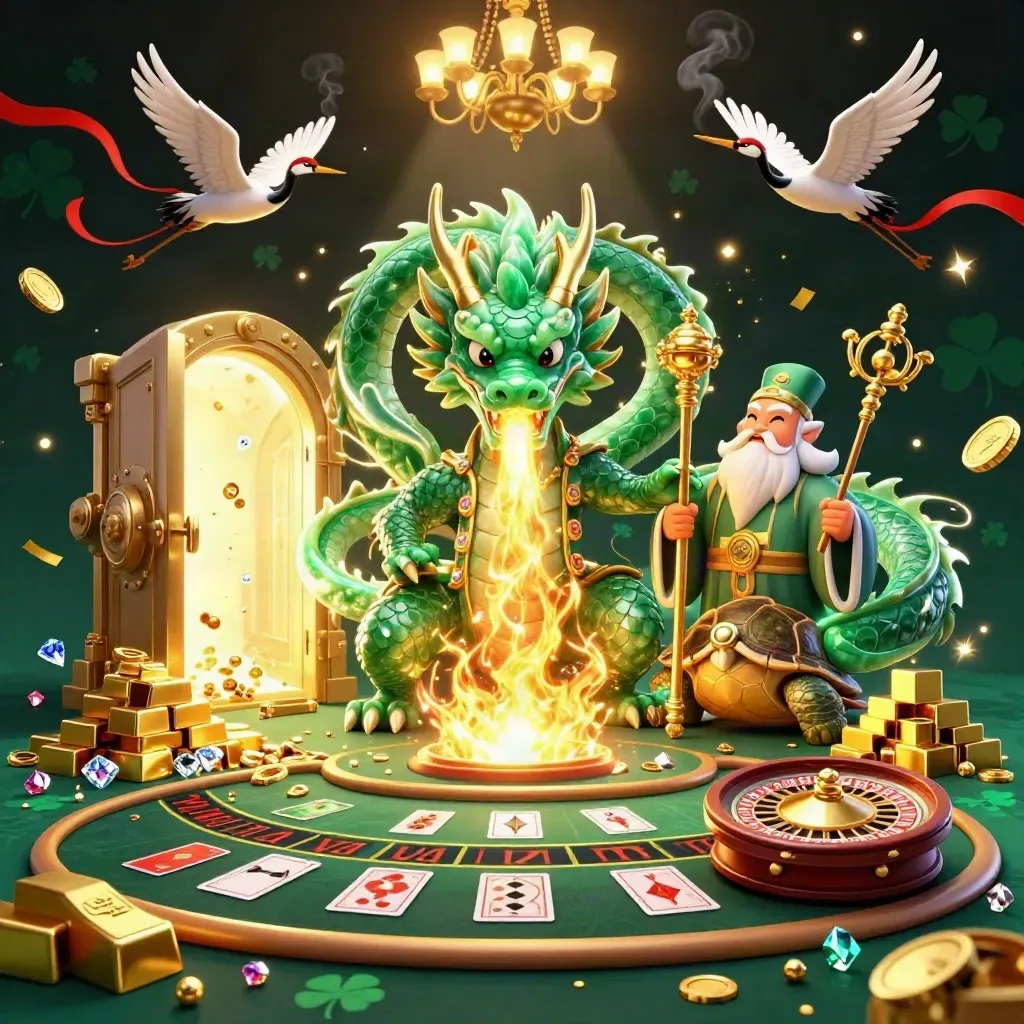Emerald dragon, turtle sage and cranes amid casino gold, vault light and spinning roulette.