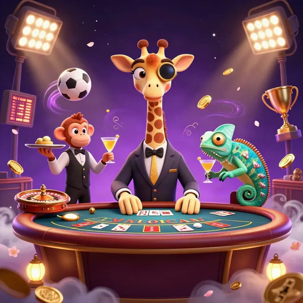 Cartoon giraffe, monkey, and chameleon at a luxe casino table amid glowing sports-glam effects.