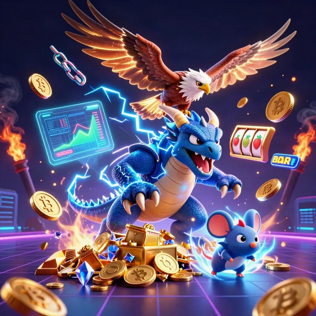 Thunder dragon, wind hawk, and static mouse amid neon crypto chaos on a casino grid.