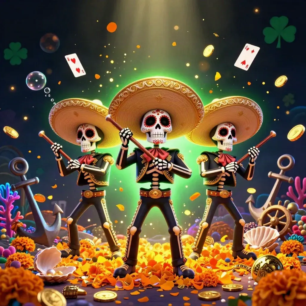 Three skeleton mariachi players in an underwater treasure burst with coins, coral, cards, and neon green glow.
