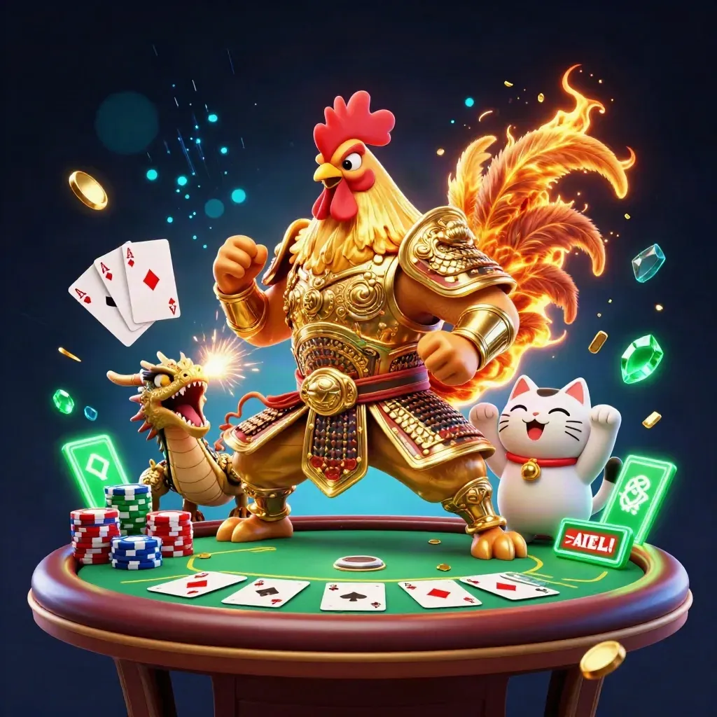Rooster samurai, spark-breathing dragon hatchling, and fortune cat amid casino energy burst