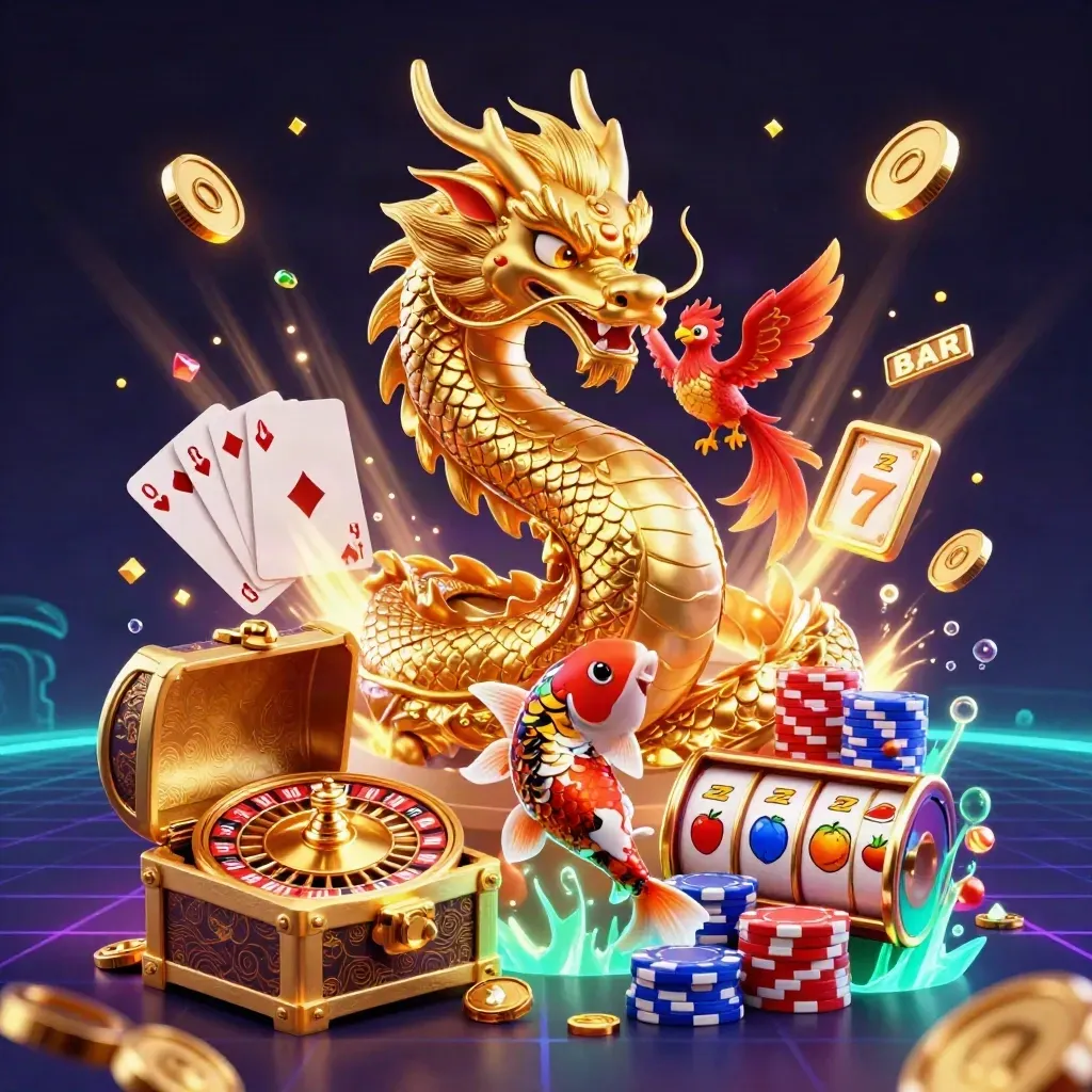 Golden dragon, phoenix, and koi erupt from a treasure chest with casino chips and gems.