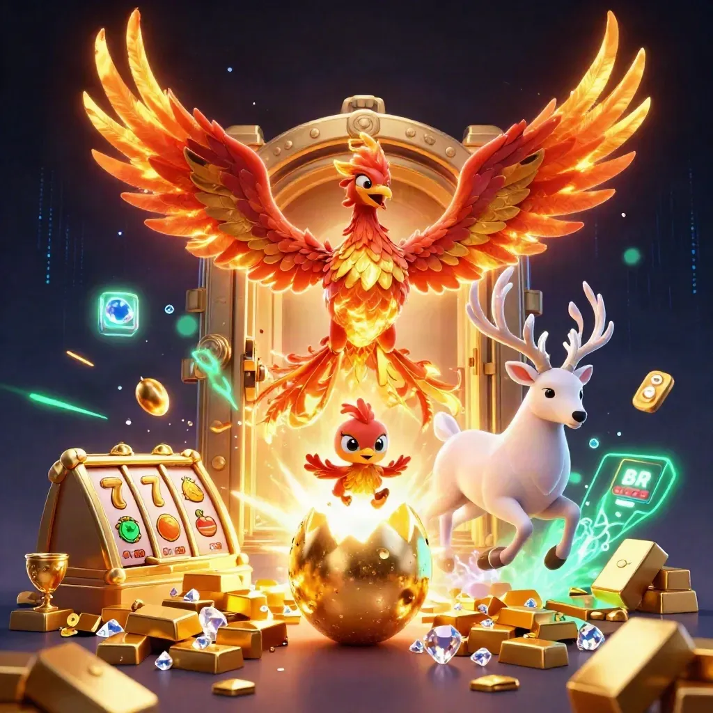 Fire phoenix, baby phoenix, and crystal stag amid bursting gold, gems, and neon casino magic.