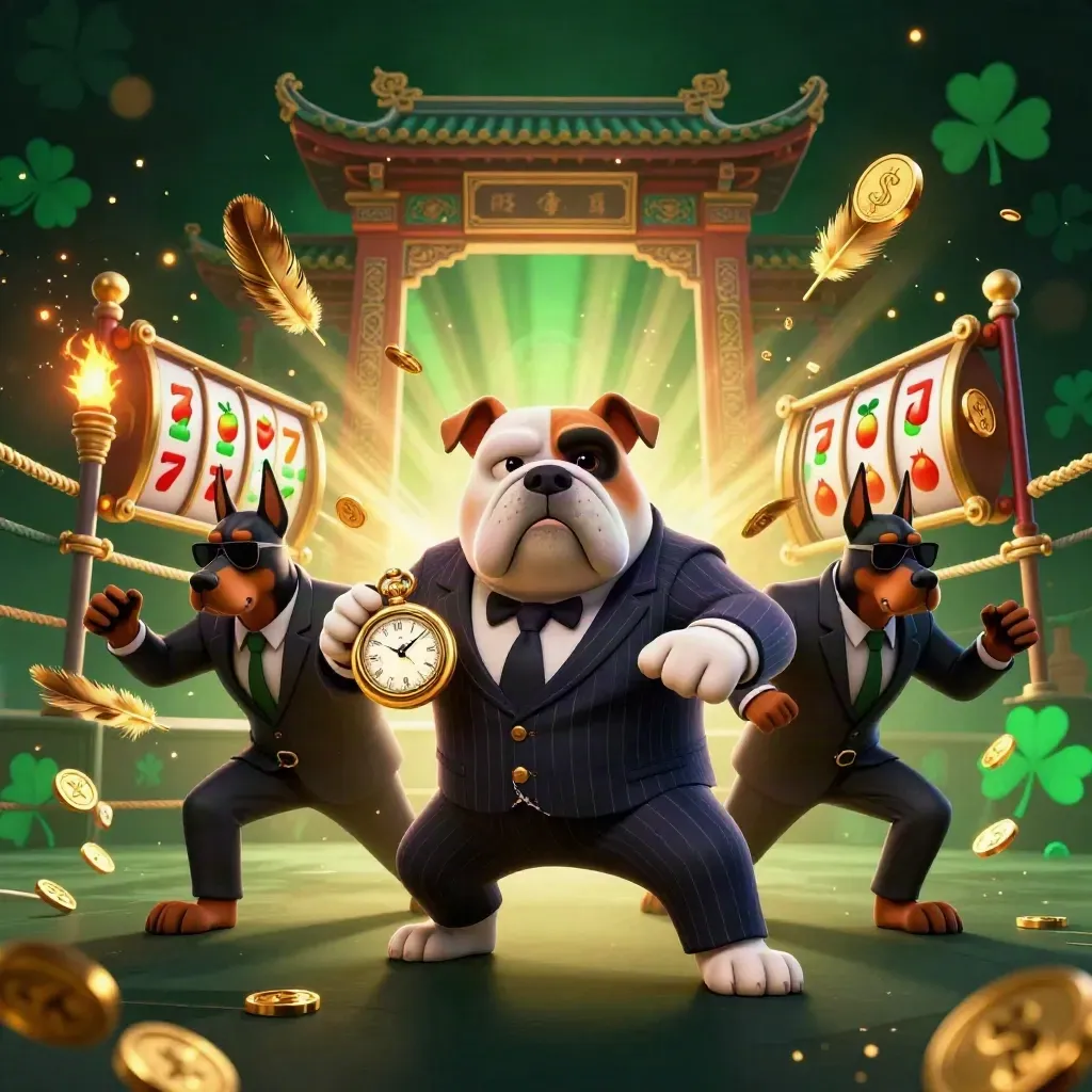 Mafia bulldog and Doberman guards amid coins, reels, temple gate, and neon casino glow.