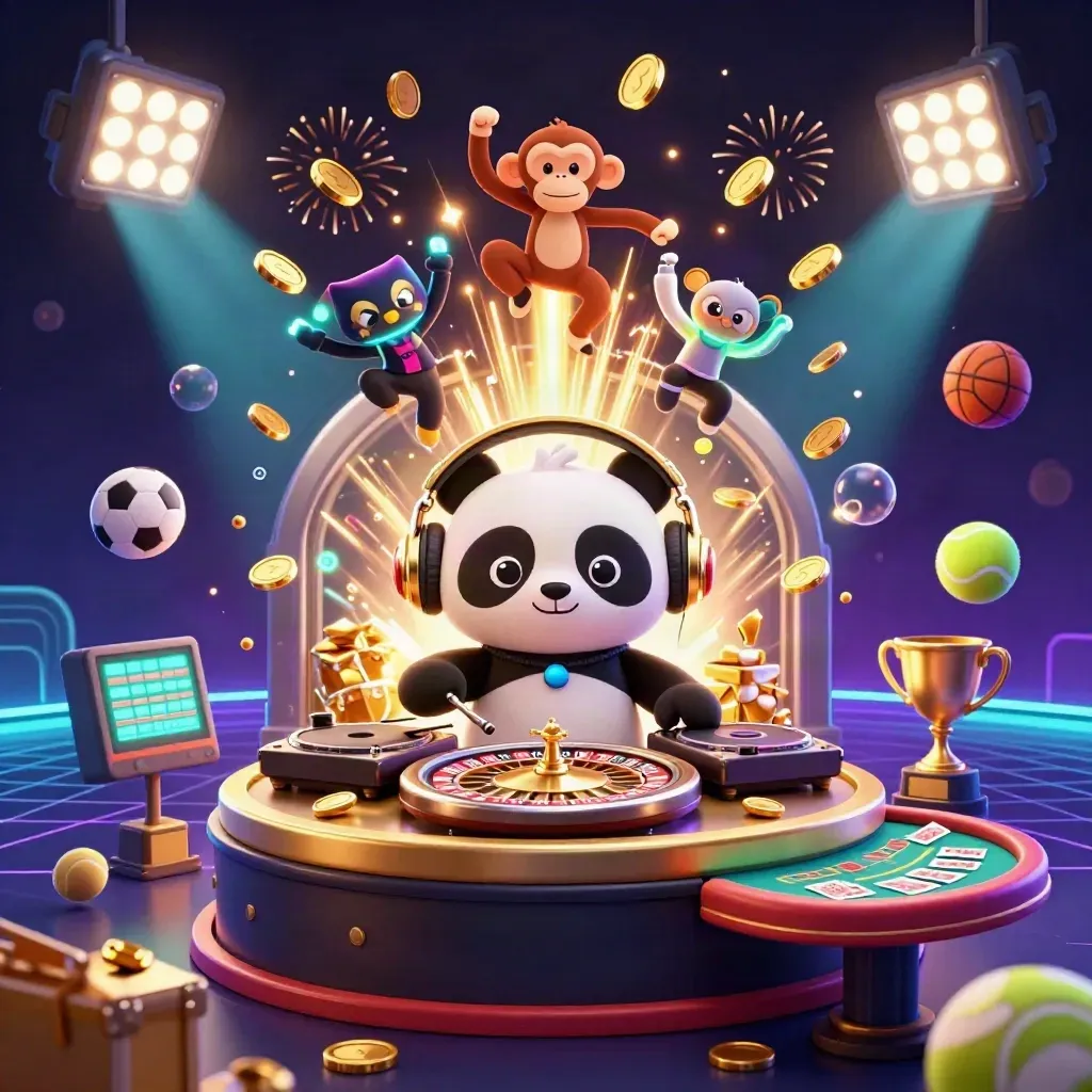 Panda DJ, monkey and glow-stick kitten amid jackpot coins, sports balls, lights and fireworks.