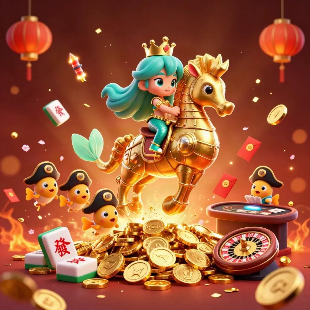 Mermaid princess on a golden seahorse amid casino treasure, coins, fireworks, and luxe glow.