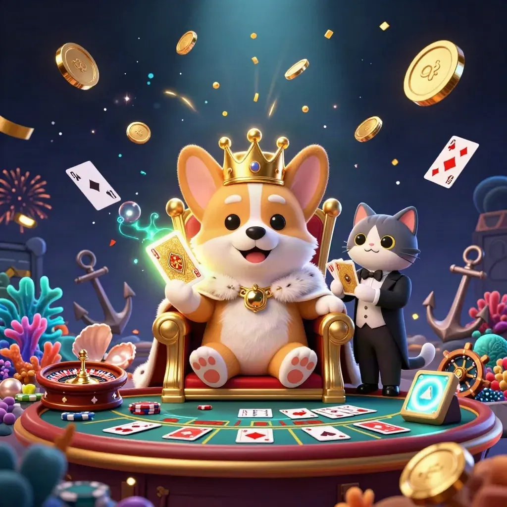 Royal corgi and cat butler amid jackpot coins, treasure, fireworks, and casino lights.