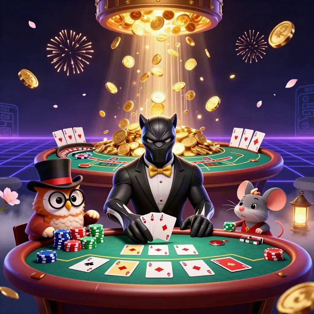 Panther, owl, and mouse amid chips, cards, spinning wheel, gold coins, fireworks, and neon casino glow.