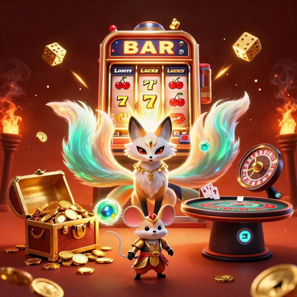 Neon fox spirit and armored mouse amid jackpot slots, coins, cards, dice, and glowing casino energy.