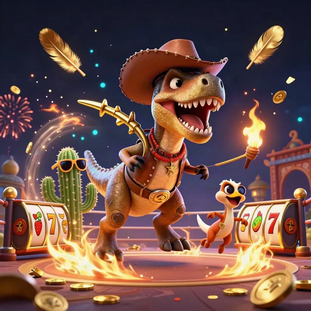 Cowboy T-Rex, cactus, and roadrunner amid casino loot, sparks, and neon magic on a dark splash screen.