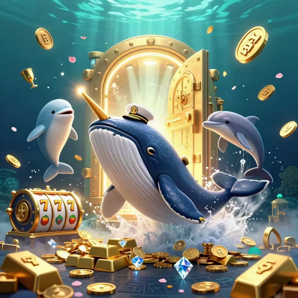 Whale captain, narwhal, and dolphins erupt through coins beside a glowing treasure vault.