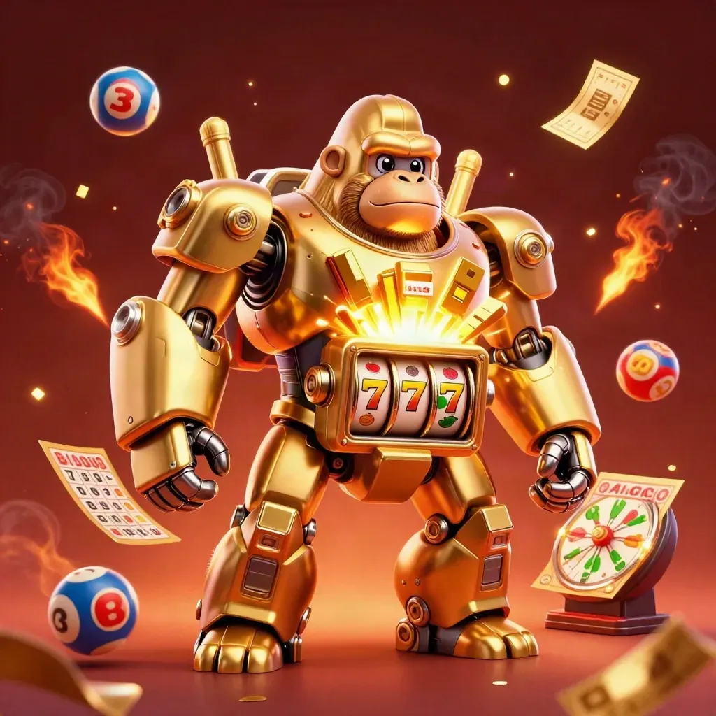 Golden gorilla slot-mech with tiny monkey pilot amid prize balls, wheel and tickets