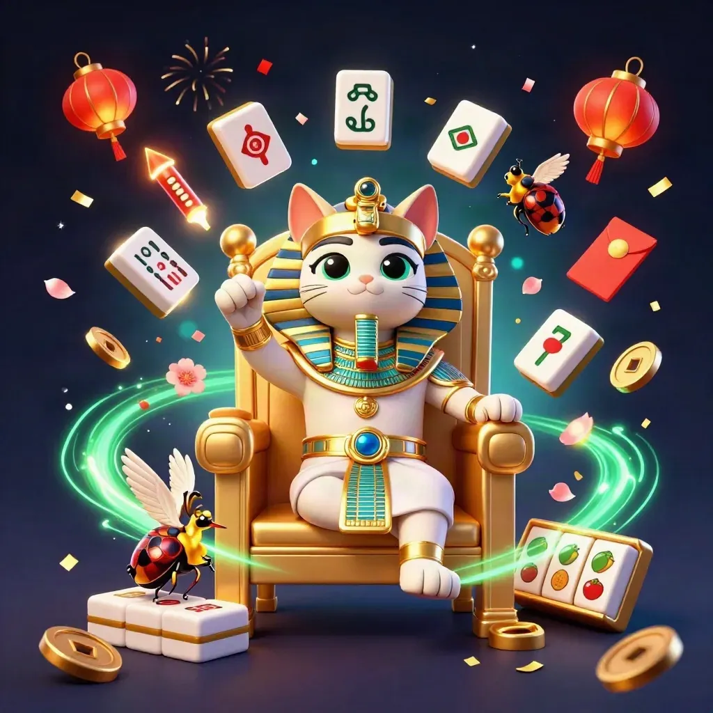 Pharaoh cat on a golden throne with an ibis scribe, scarabs, slot symbols, and glowing casino effects.