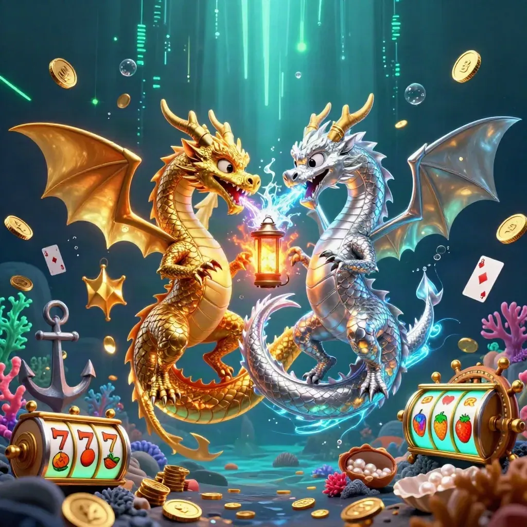 Twin gold and silver dragons clash fire and ice around a lantern spirit in a treasure-filled underwater cove.