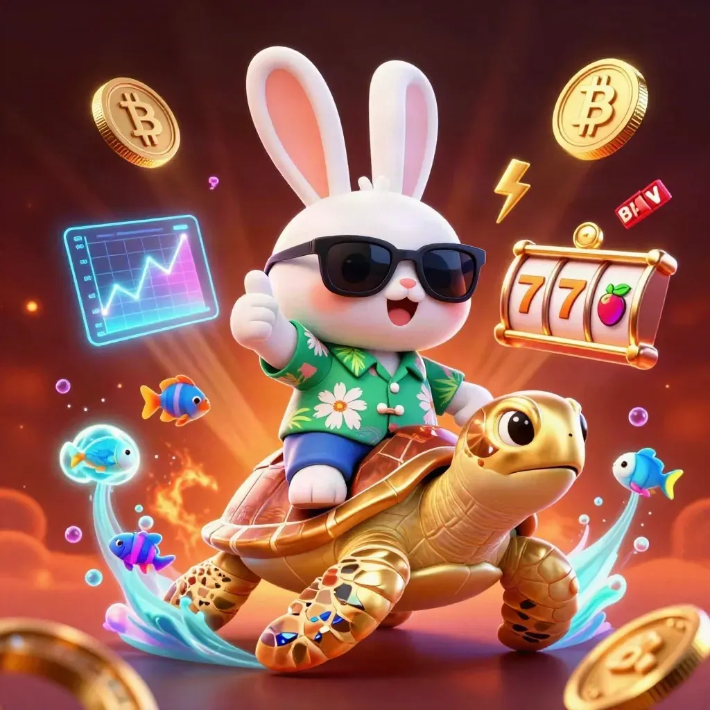 Lucky rabbit rides a gold sea turtle amid neon coins, slots, and tropical glow.