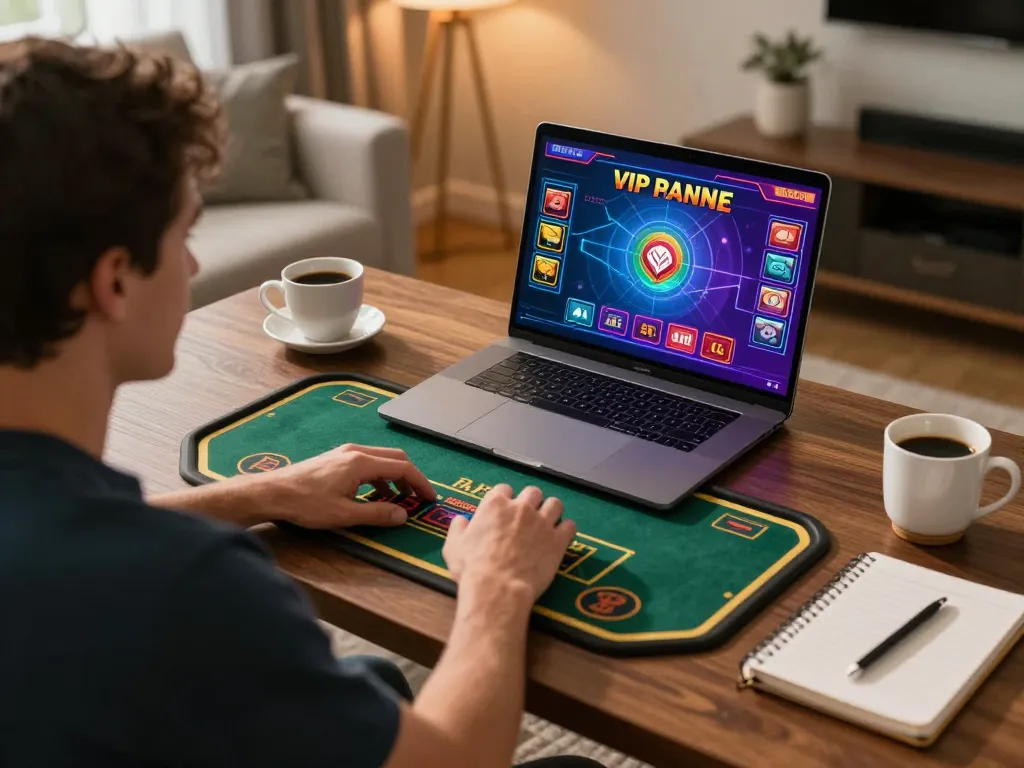 KONG88 player engaging in online casino game from a cozy home setting, showcasing responsible gaming.