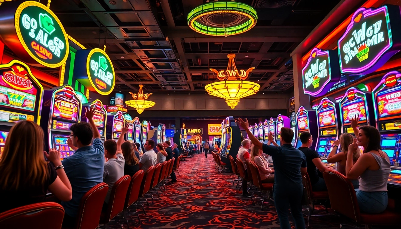 Arus hoki menang di kasino dengan pemain bahagia di depan mesin slot yang bersinar.
