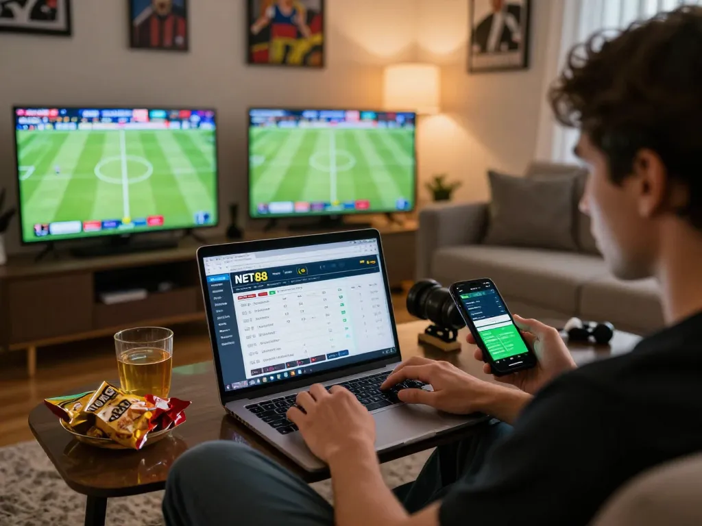 Person placing bets on NET88 from home, showcasing intense sports betting action.