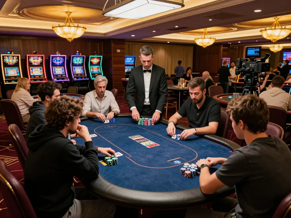 Players at an open88 com poker table strategizing their next moves under elegant casino lighting.