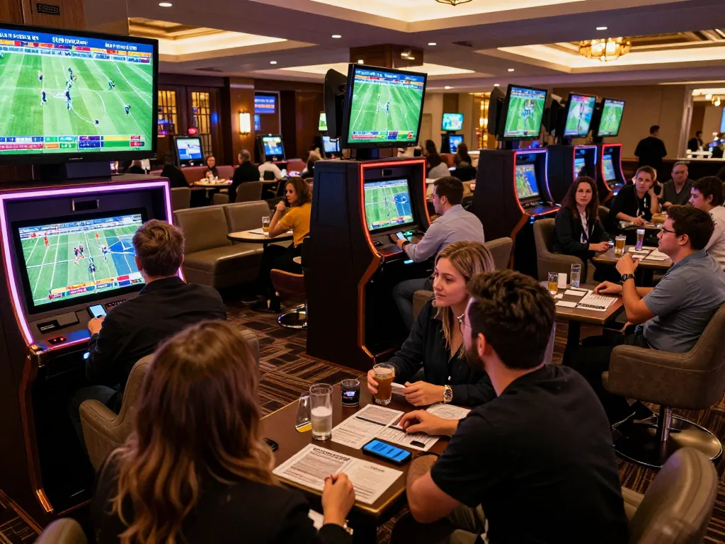 Cakhia enthusiasts cheering for football matches in a modern casino sports betting lounge, ambient excitement.