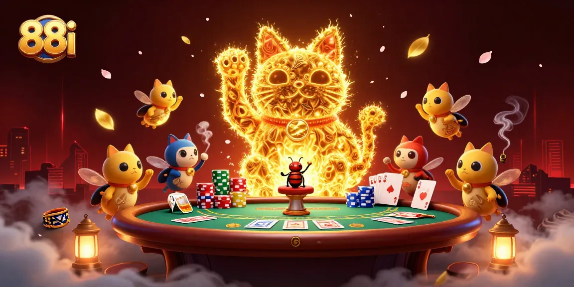 Engage in thrilling games at 88i with vibrant visuals of a lucky cat and dynamic casino elements.
