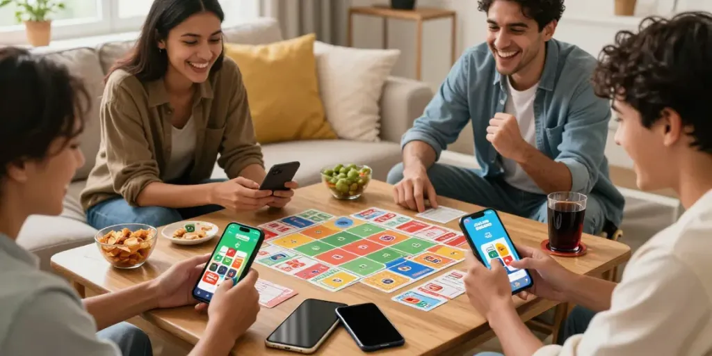 Friends enjoying a game of Rumble Rummy on mobile devices in a cozy living room setting.