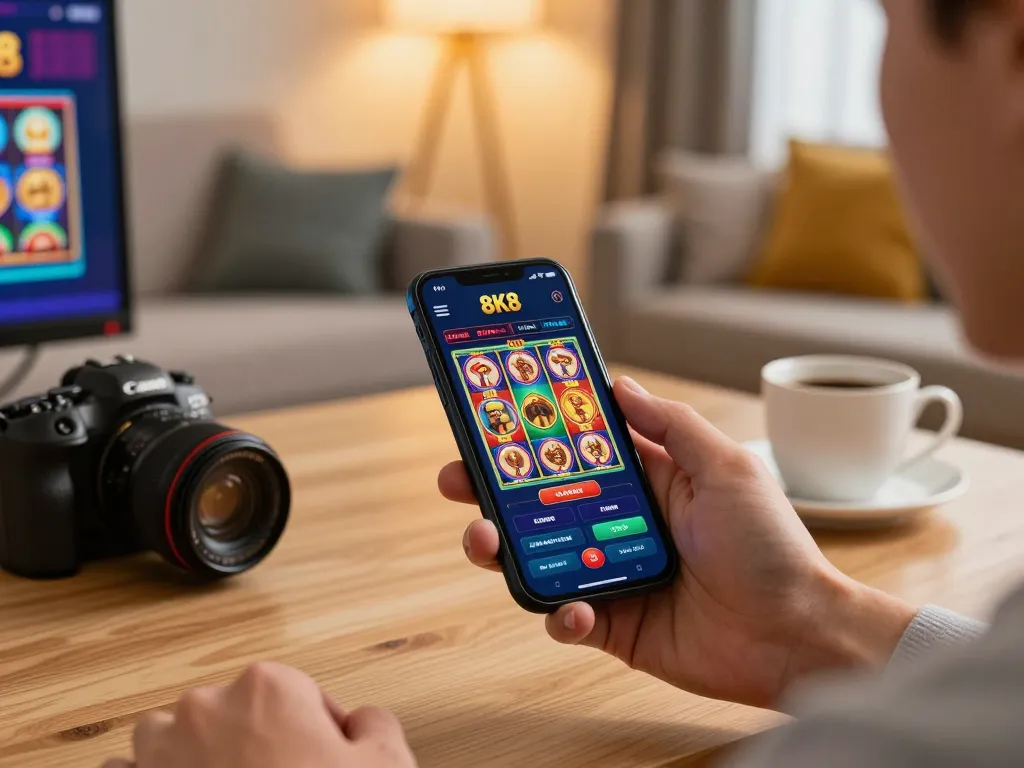 Play at https://8k8.fan/ with exciting mobile game on smartphone in cozy home setting.