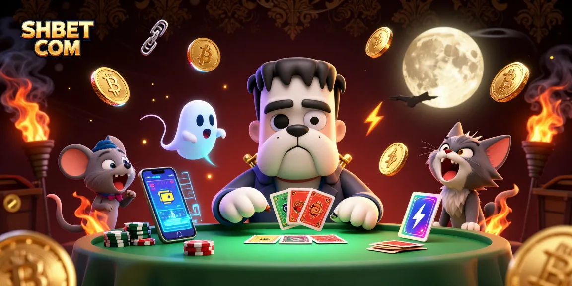 Engage in thrilling gaming at SHBET COM with Frankenstein bulldog and werewolf kitten in a vibrant 3D casino.