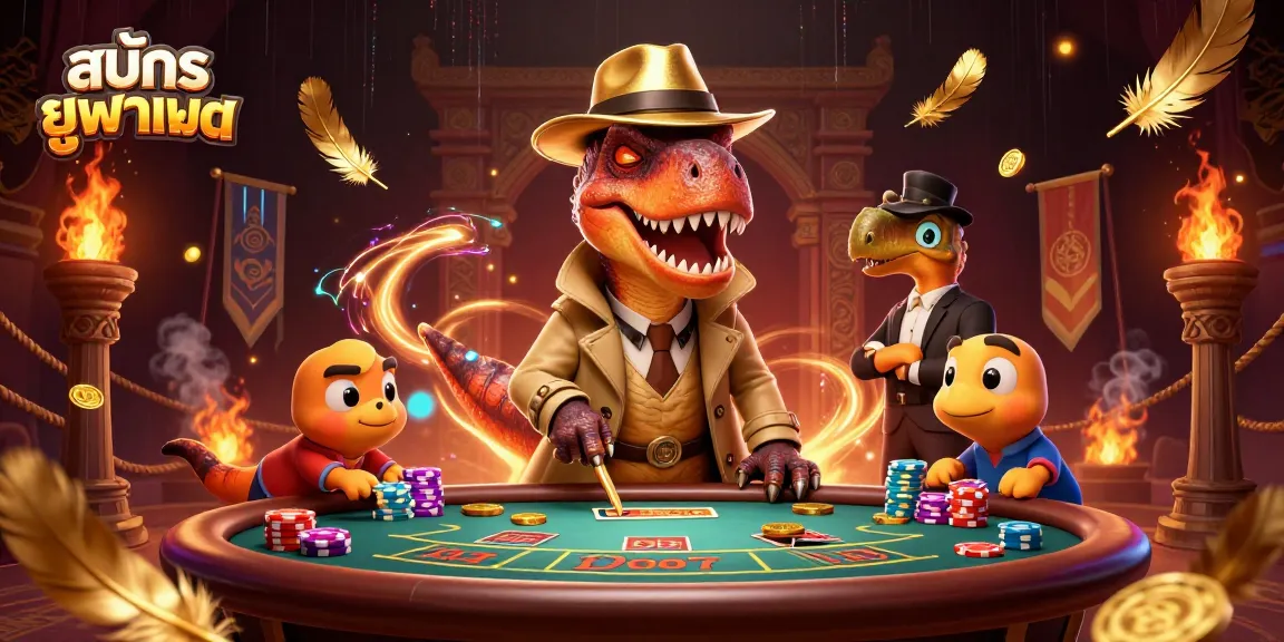 Engage in thrilling casino action with สมัครยูฟ่าเบท featuring a velociraptor card counter at a blackjack table.