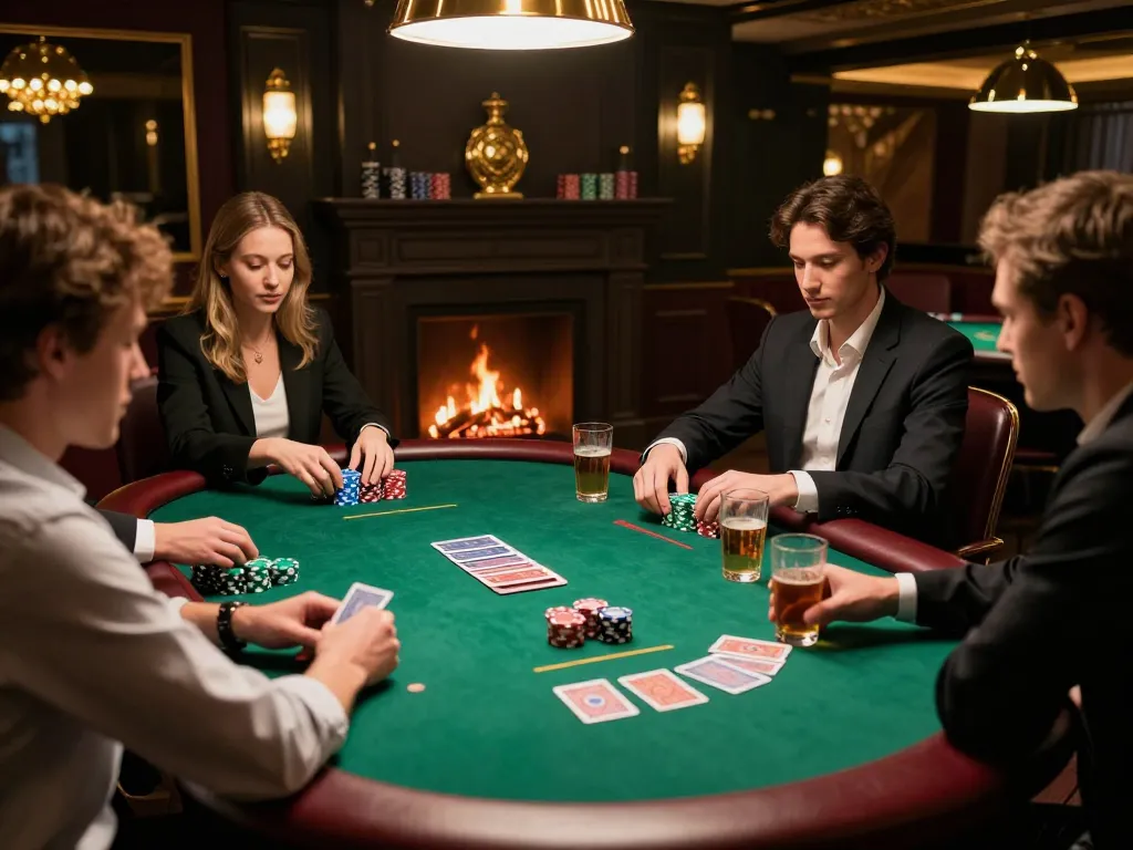 Experience strategic gameplay in a luxurious poker room at 789WIN, featuring engaged players and upscale decor.