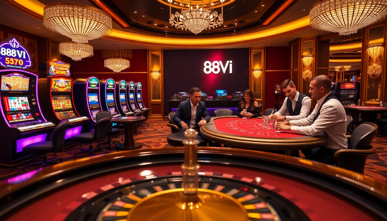 Players engaged in a thrilling poker game at 888VI casino with vibrant slot machines.
