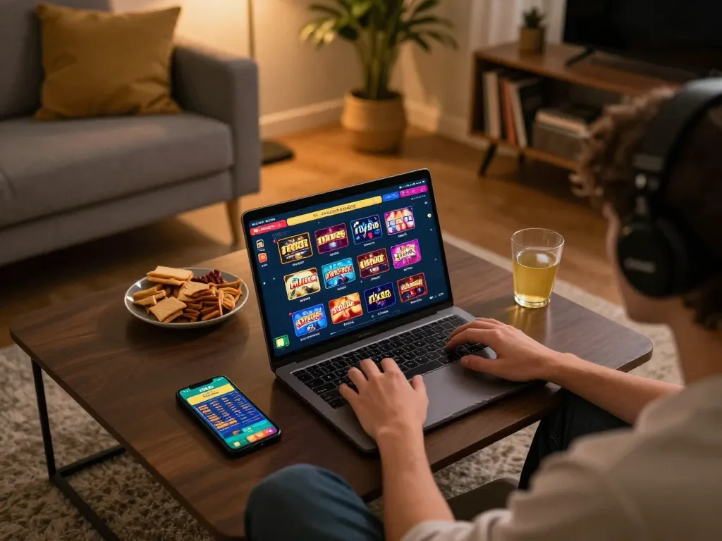 Fly88 player enjoying an online casino game from a cozy home setup with laptop and snacks