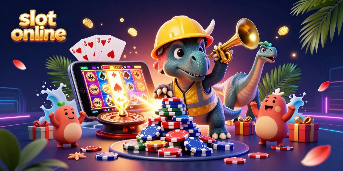 Gambarkan slot online dalam ilustrasi 3D penuh warna dengan karakter dan elemen kasino yang meriah.