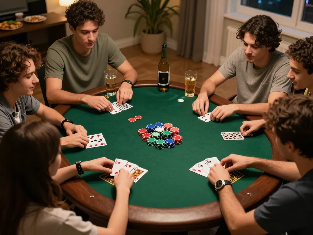 Friends enjoying a poker night at home, showcasing Fokus777 gameplay strategies and camaraderie.