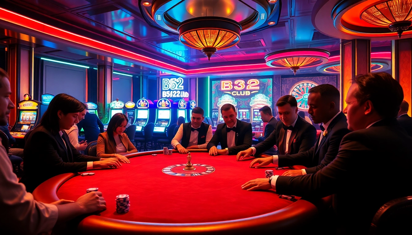 Players enjoying an exciting poker game at B52club, surrounded by vibrant casino elements.