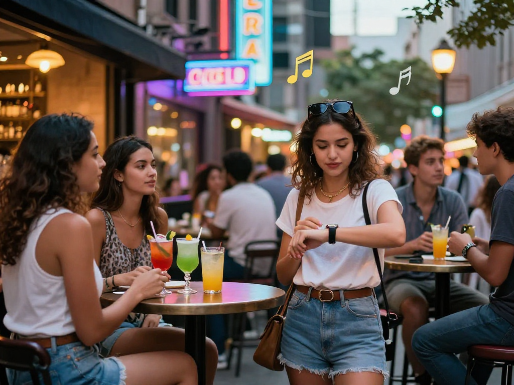 Gái gọi gặp gỡ bạn bè tại quán bar sôi động với ánh đèn neon sáng chói.