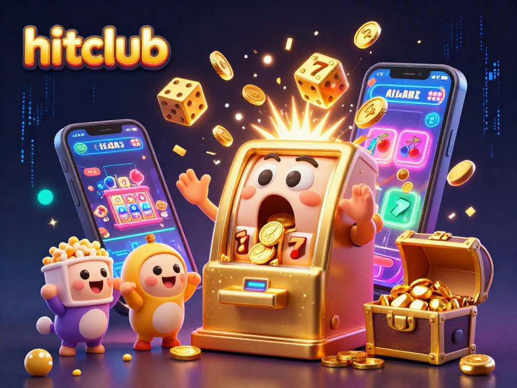 Experience the excitement at hitclub with a golden slot machine celebrating its jackpot amidst a colorful casino scene.