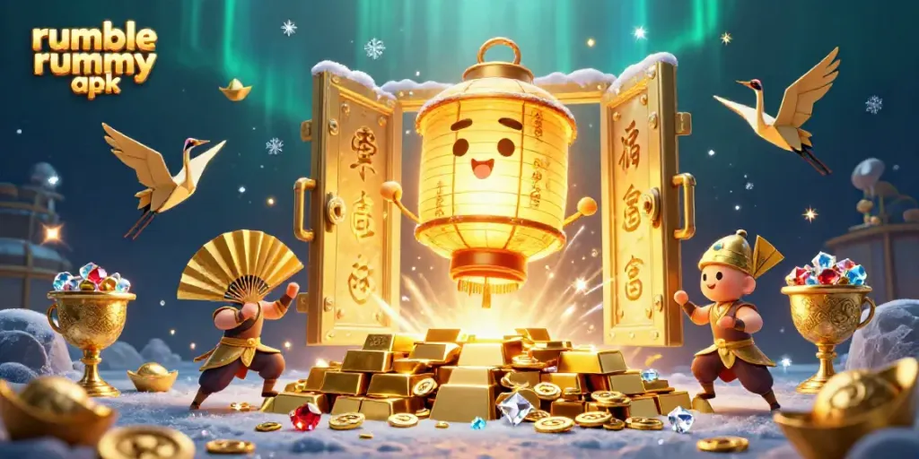 Engage with the stunning art of rumble rummy apk featuring golden lanterns and treasures in a vibrant casino setting.