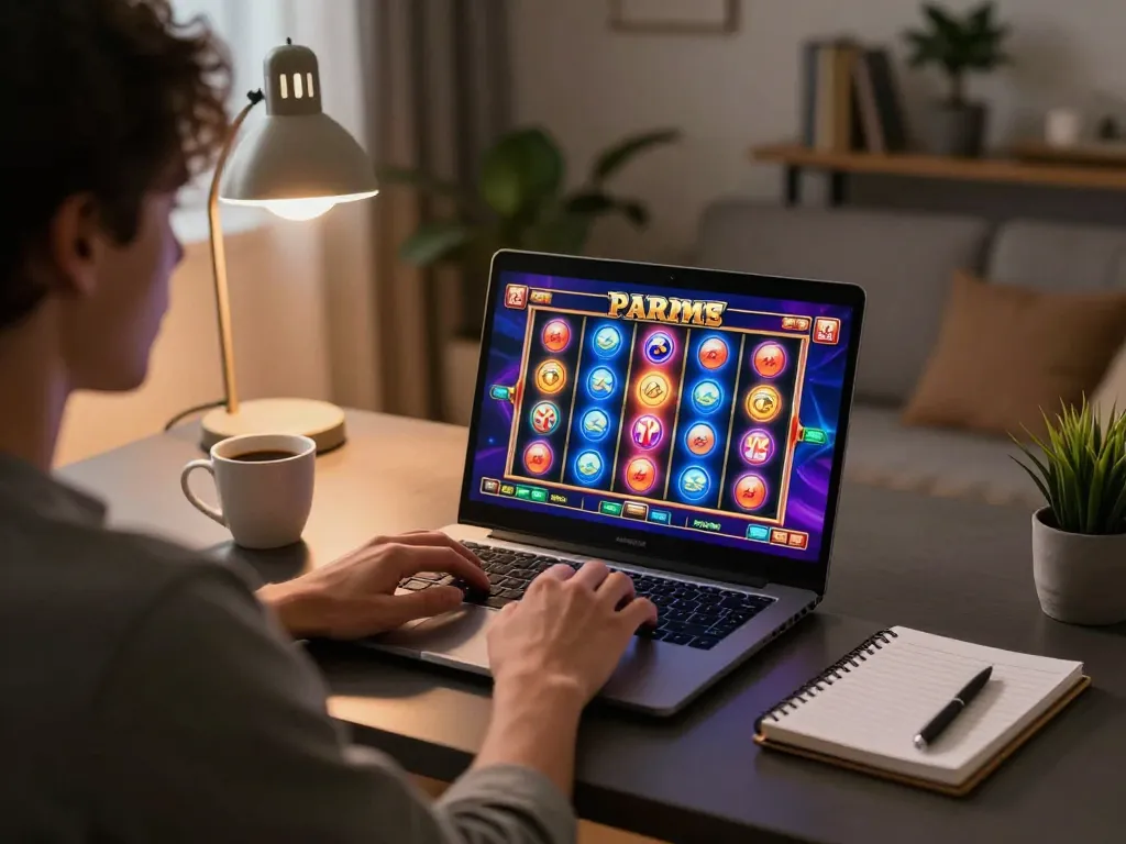 Player engaging with sc88 online casino slot game on a sleek laptop in a cozy home setting