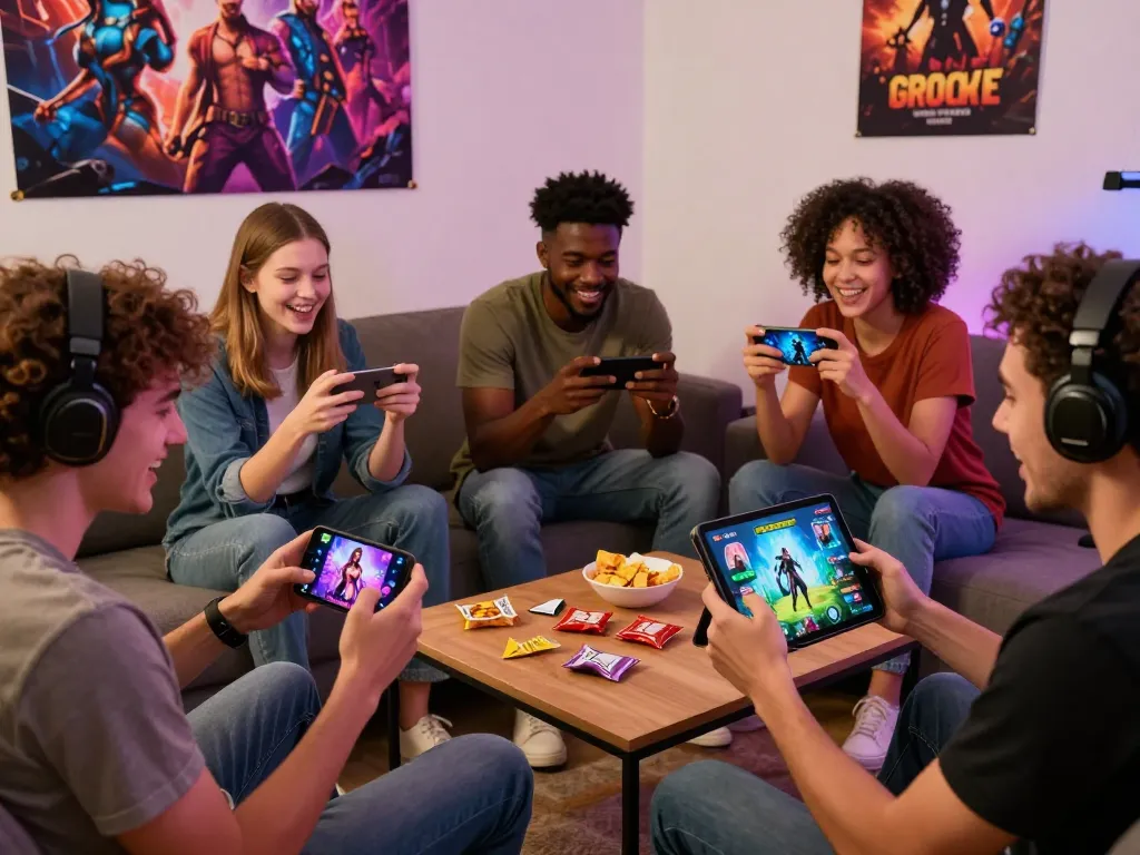 Engaging scene of gamers playing mobile porn games with vibrant ambiance and interactive gameplay.