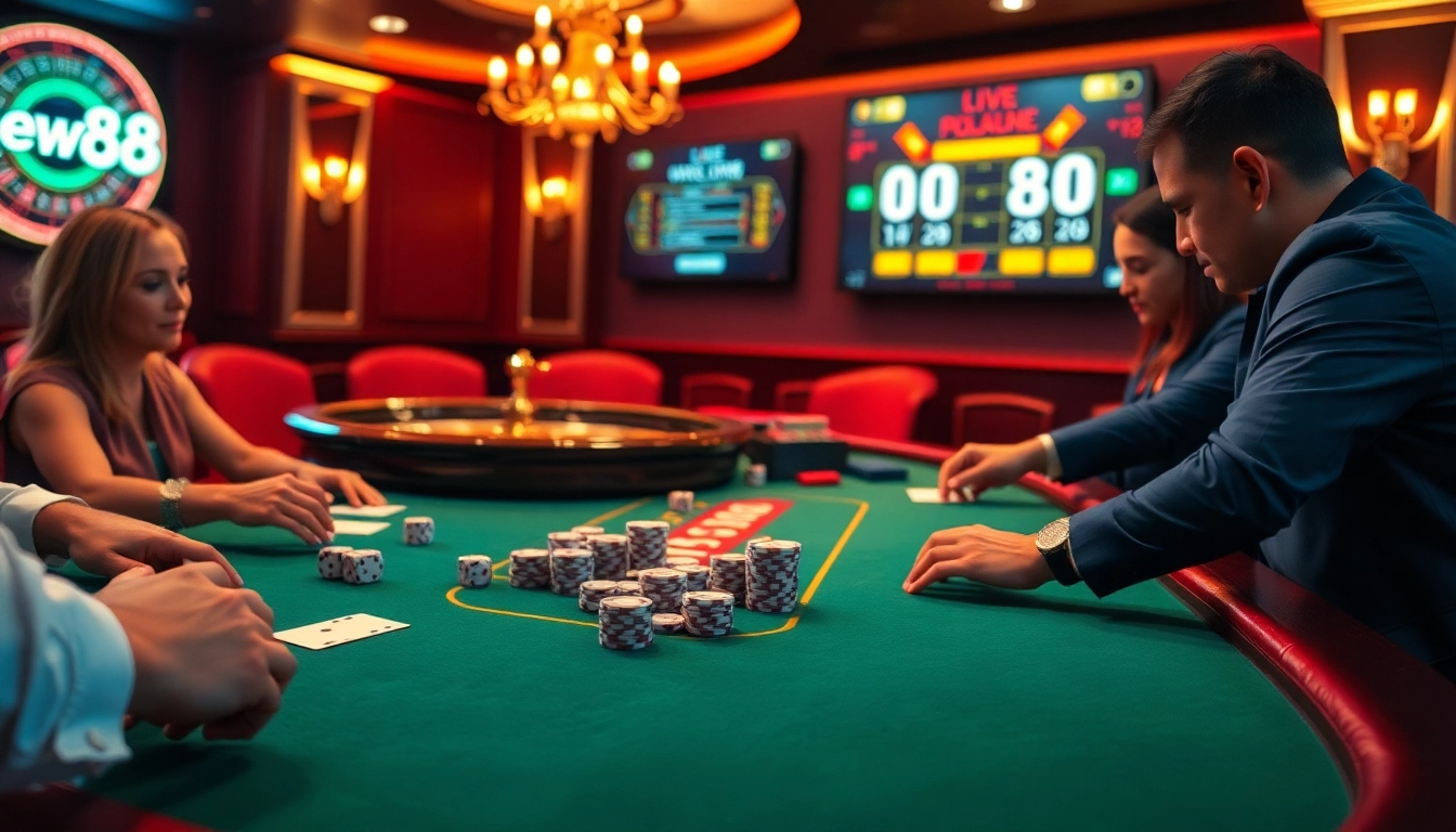 Experience the excitement of New88 with dynamic poker action and vibrant casino visuals.