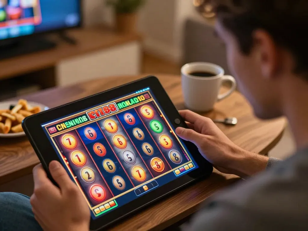 Engaging with slot88 game on tablet during a cozy home gaming session.