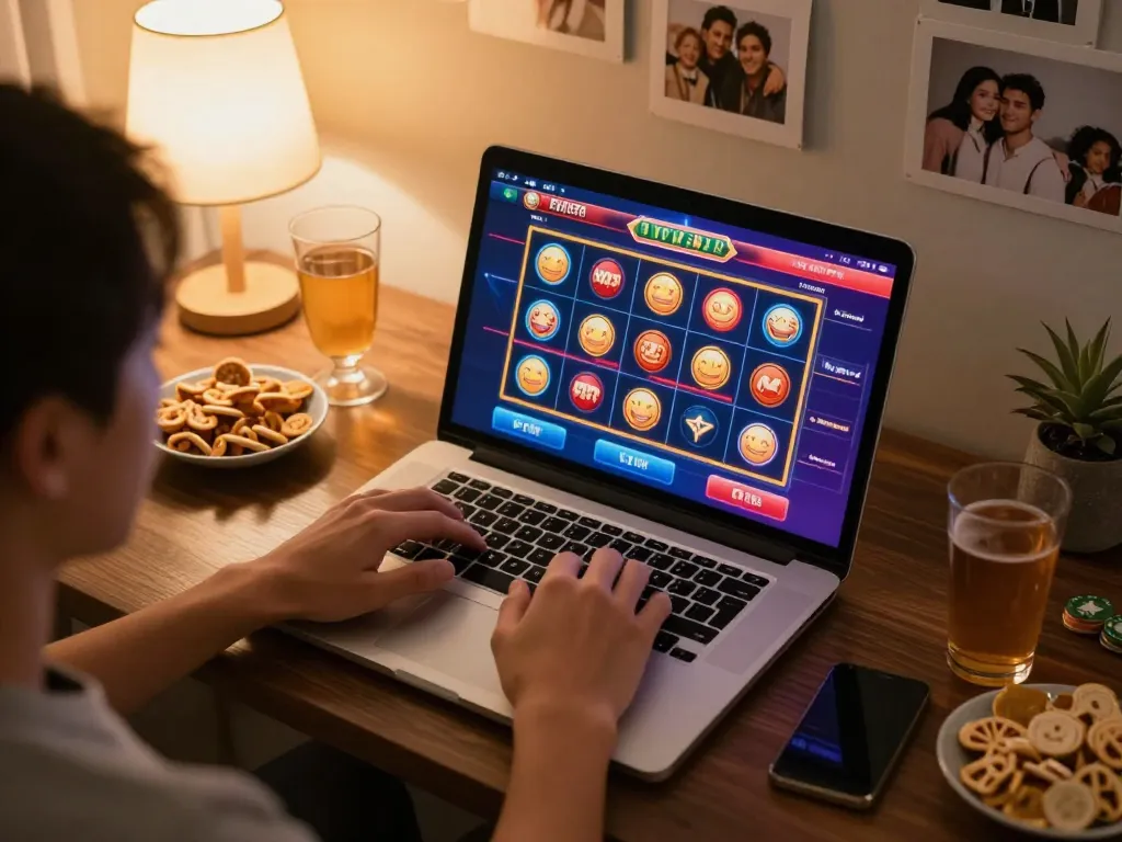 Engaging online gaming at home with 98win trang chủ casino interface on screen and cozy setup.