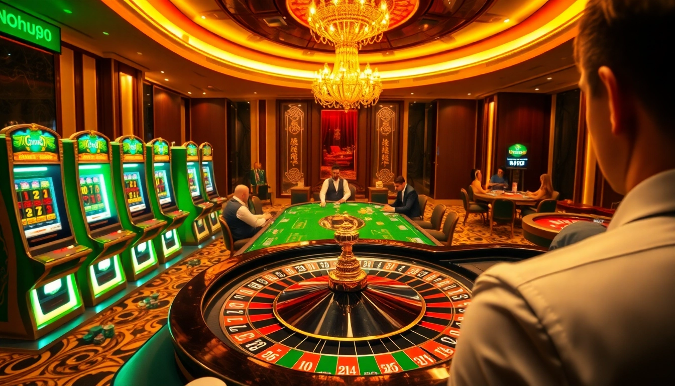 Engage in thrilling gaming experiences with nohu90 at an upscale casino featuring slot machines and poker.