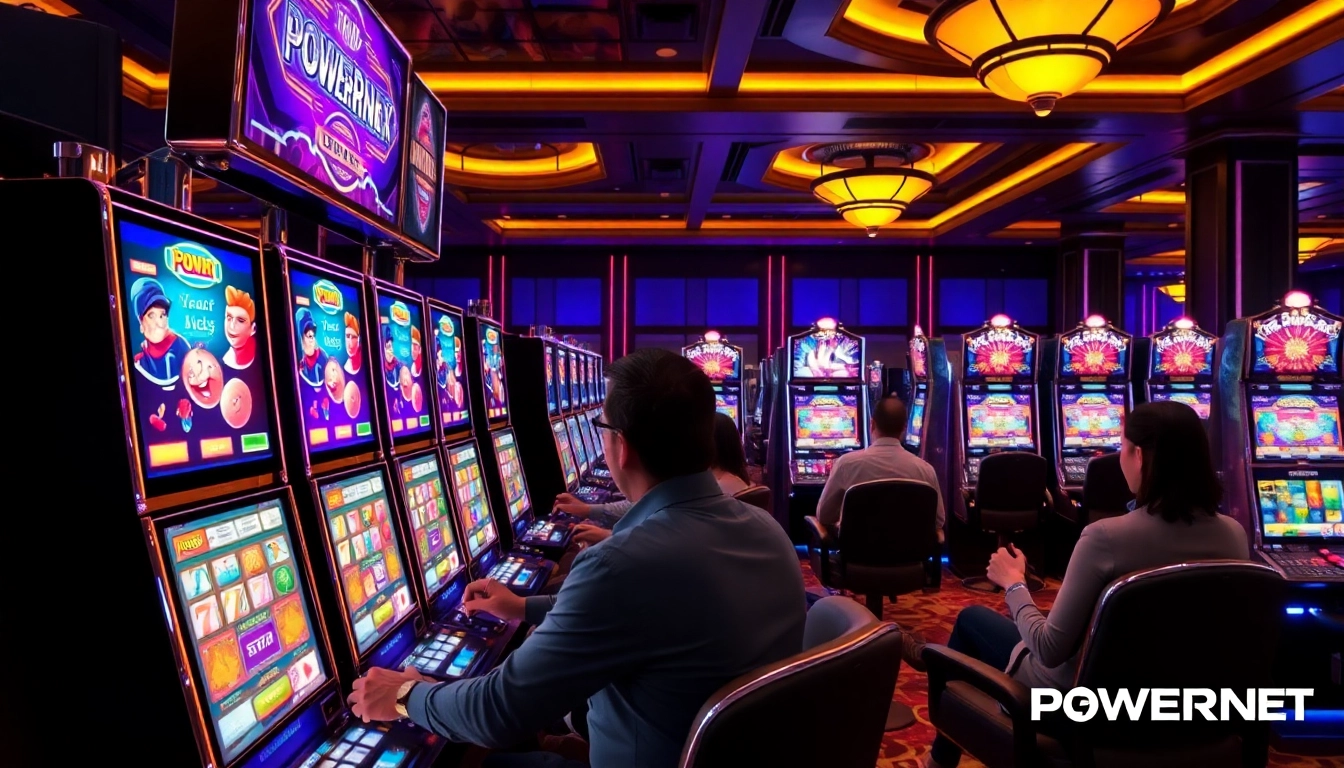 Excitement builds around POWERNET slot machines in a luxurious casino setting with players engaging eagerly.