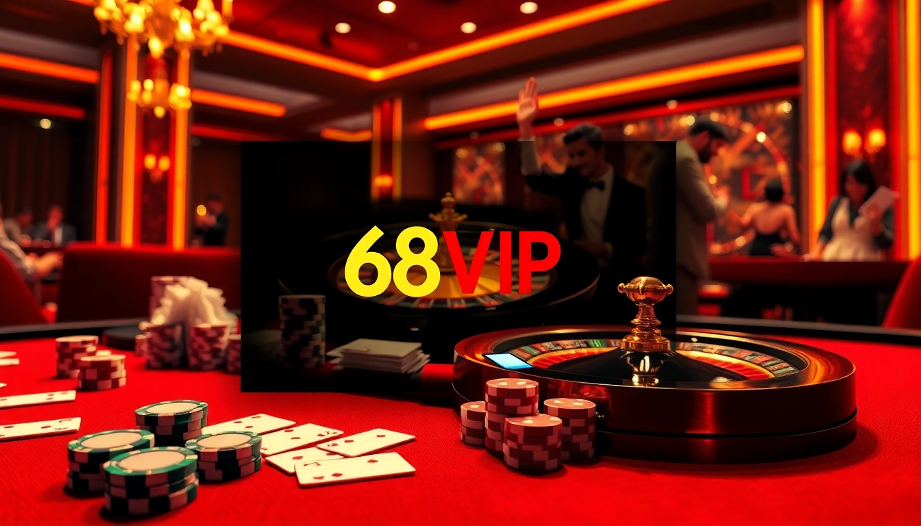 68VIP online gamblers celebrating a win at an upscale casino table with chips and cards.