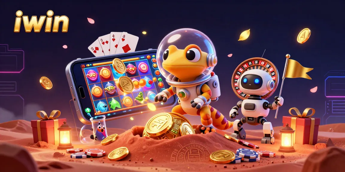 iwin promotes engaging gameplay with vibrant casino elements, featuring a Martian gecko in a cosmic setting.