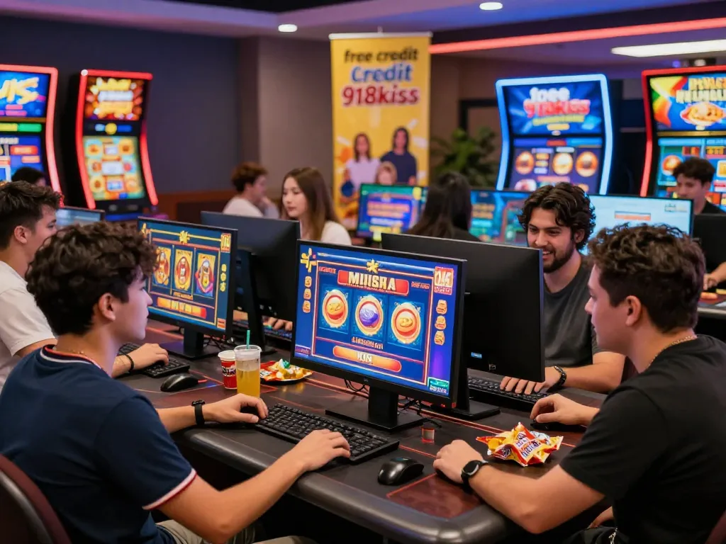 Excited players enjoying free credit 918kiss at a vibrant online casino setup.