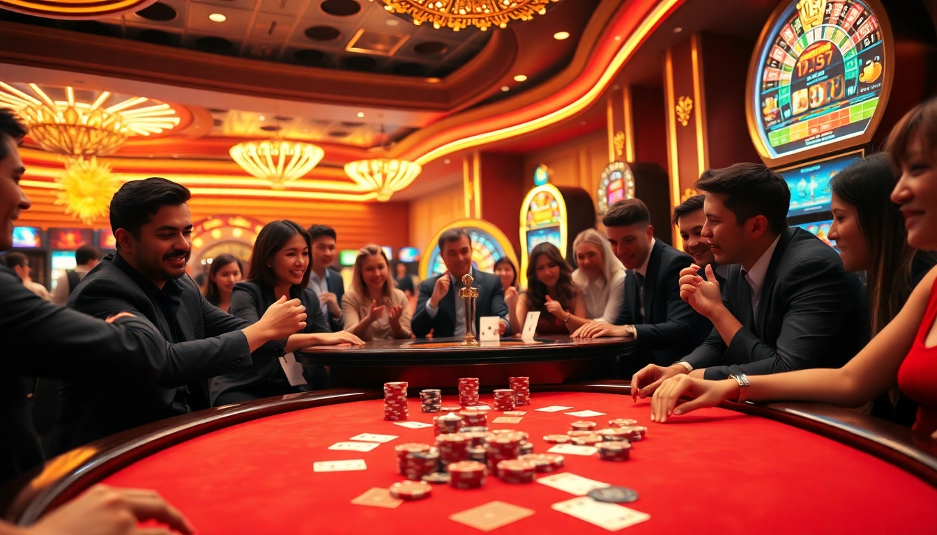 Exciting gaming experience at rikvip with players engaging at a luxurious poker table.